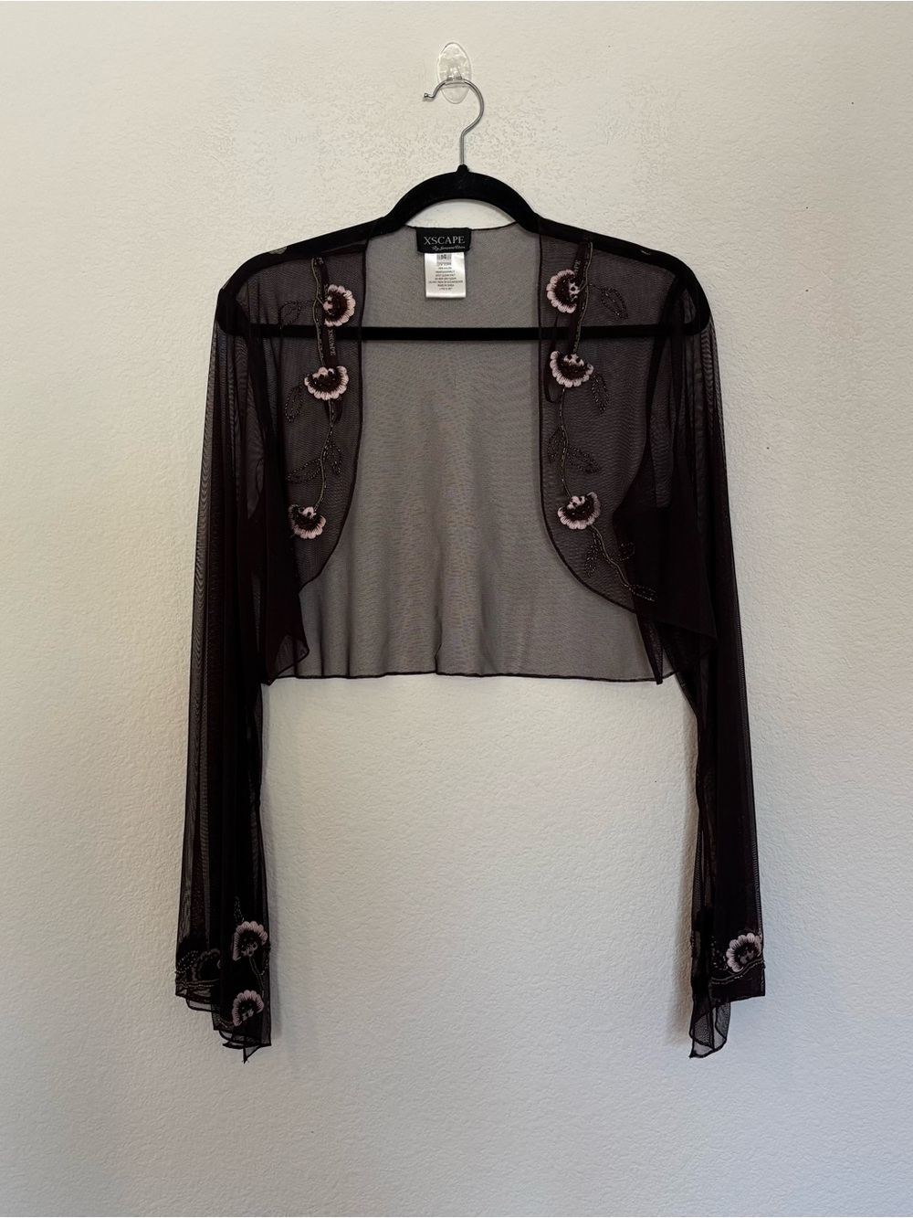 Xscape By Joanna Chen Brown Mesh Floral Embroidered Beaded Top